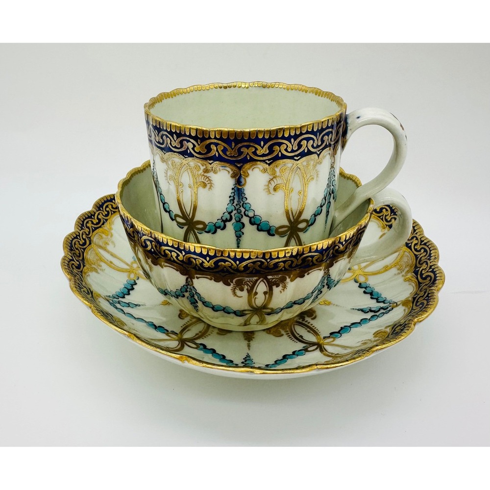 Antique Caughley Porcelain Tea Cup Saucer Set Cobalt Blue Gilt Urn Crescent Mark
